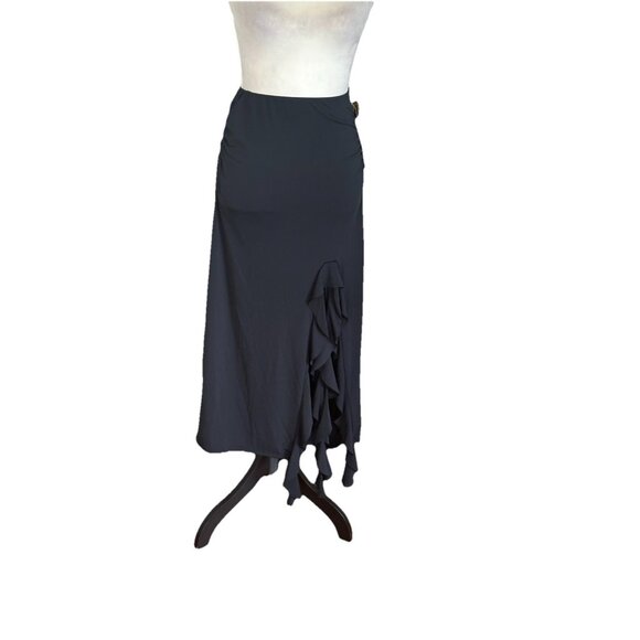 Womens Black Ruffle Skirt Side Slit Elastic Waist Maxi Midi Sz XS Gothic Witchy - Picture 4 of 11